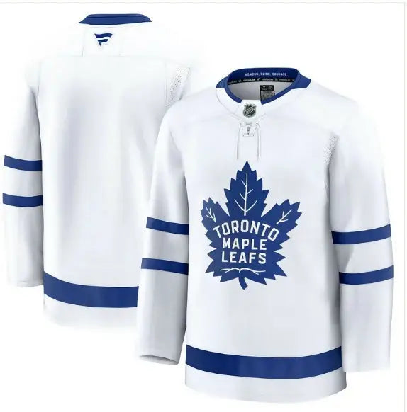White Toronto Maple Leafs hockey jersey with blue stripes and logo for sale