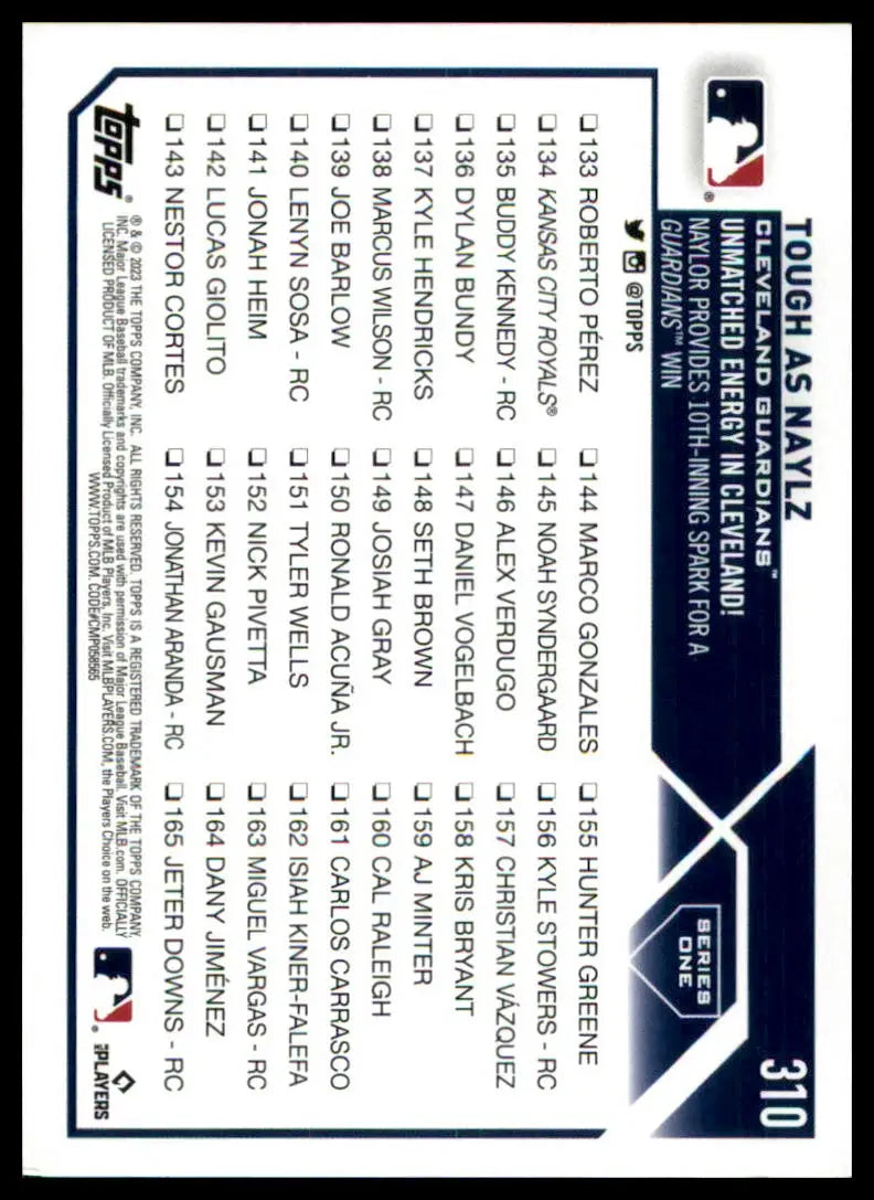 Back of a Baseball card from Tough as Naylz 2023 Topps Cleveland Guardians series