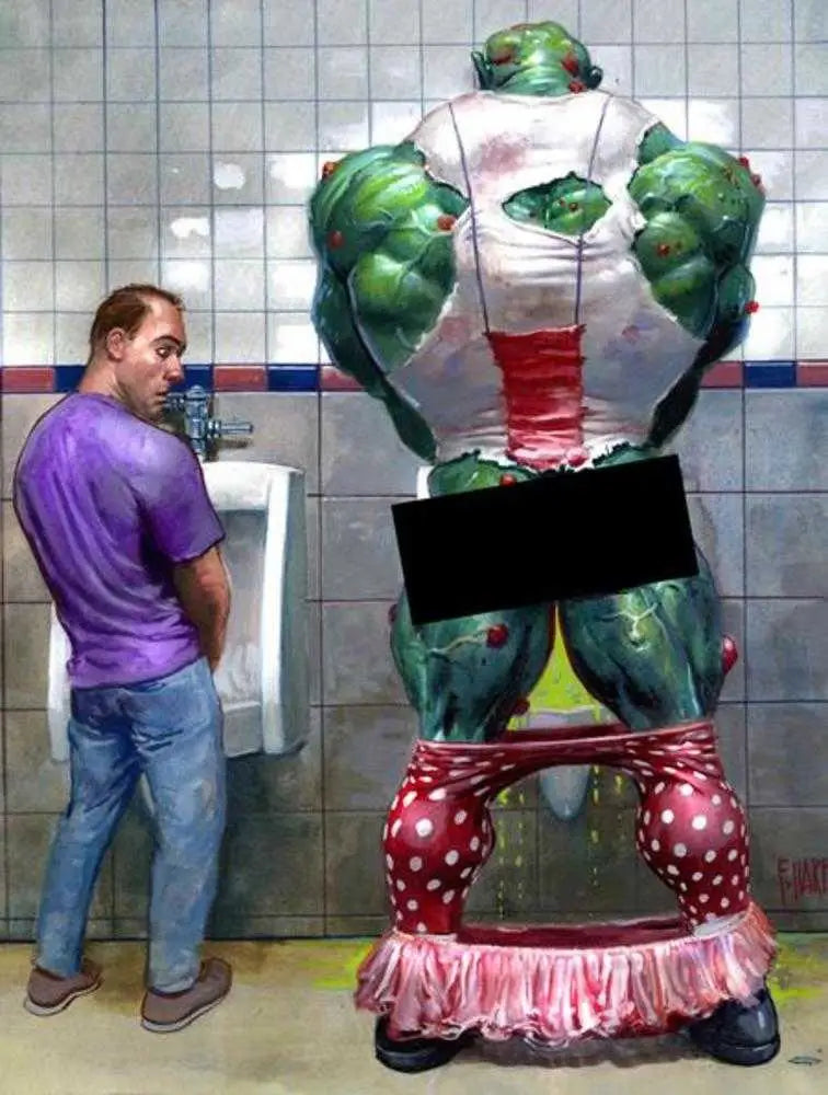 Humorous bathroom scene from Toxic Avenger Pinup featuring Fred Harper in Avenger Pinup Special