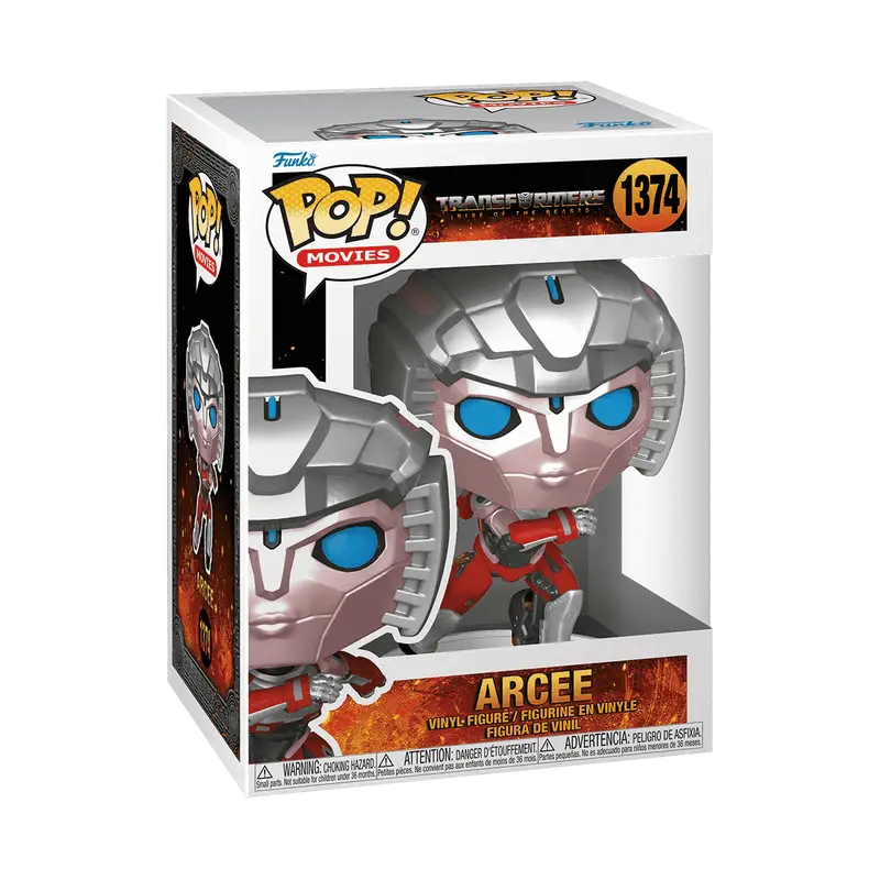 Arcee Funko Pop from Transformers Rise featuring silver armor and vibrant blue eyes