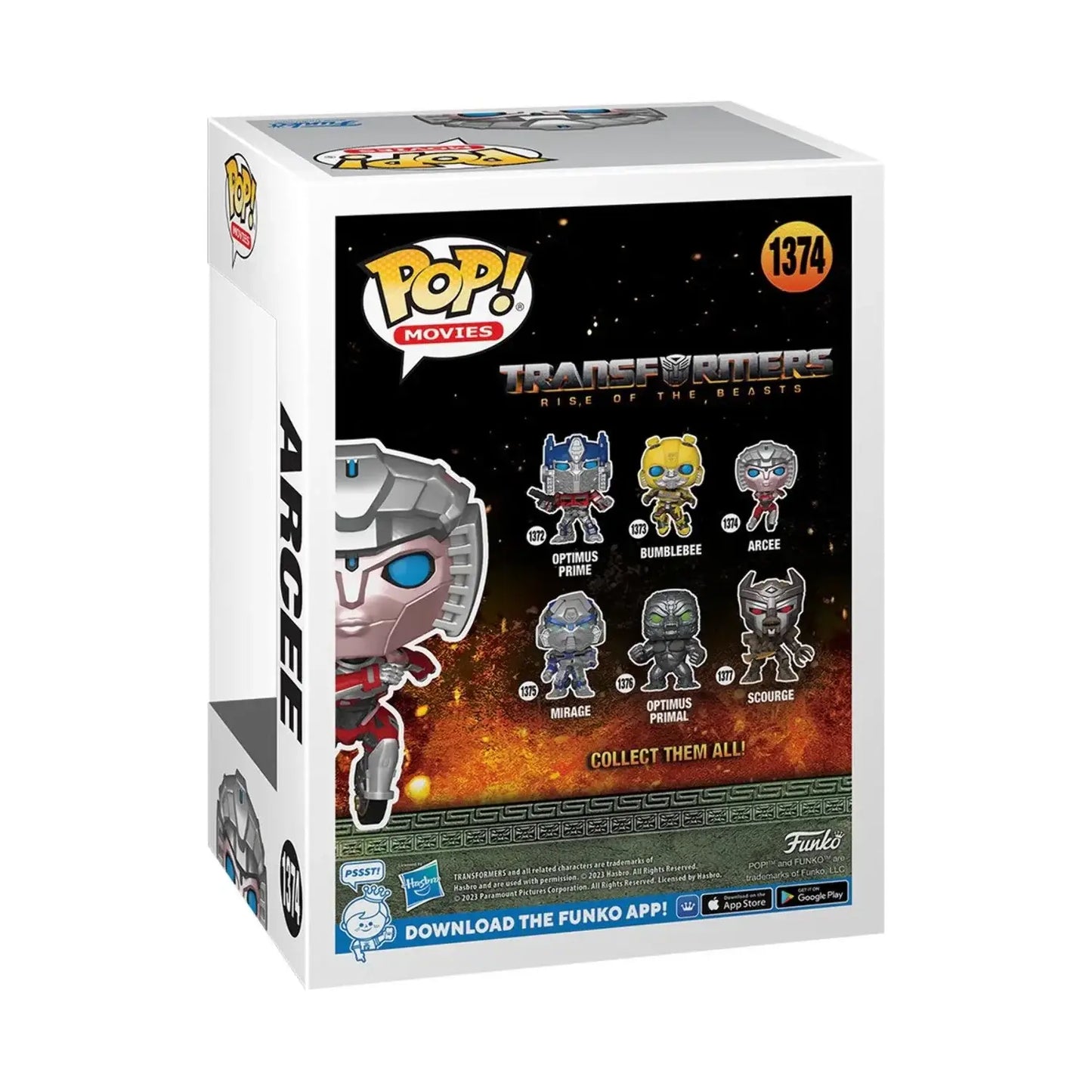 Funko Pop Transformers Rise of the Beasts Arcee figure box with character designs