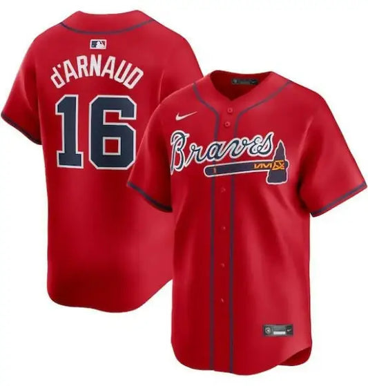 Red Atlanta Braves baseball jersey featuring Travis d’Arnaud Nike Limited design