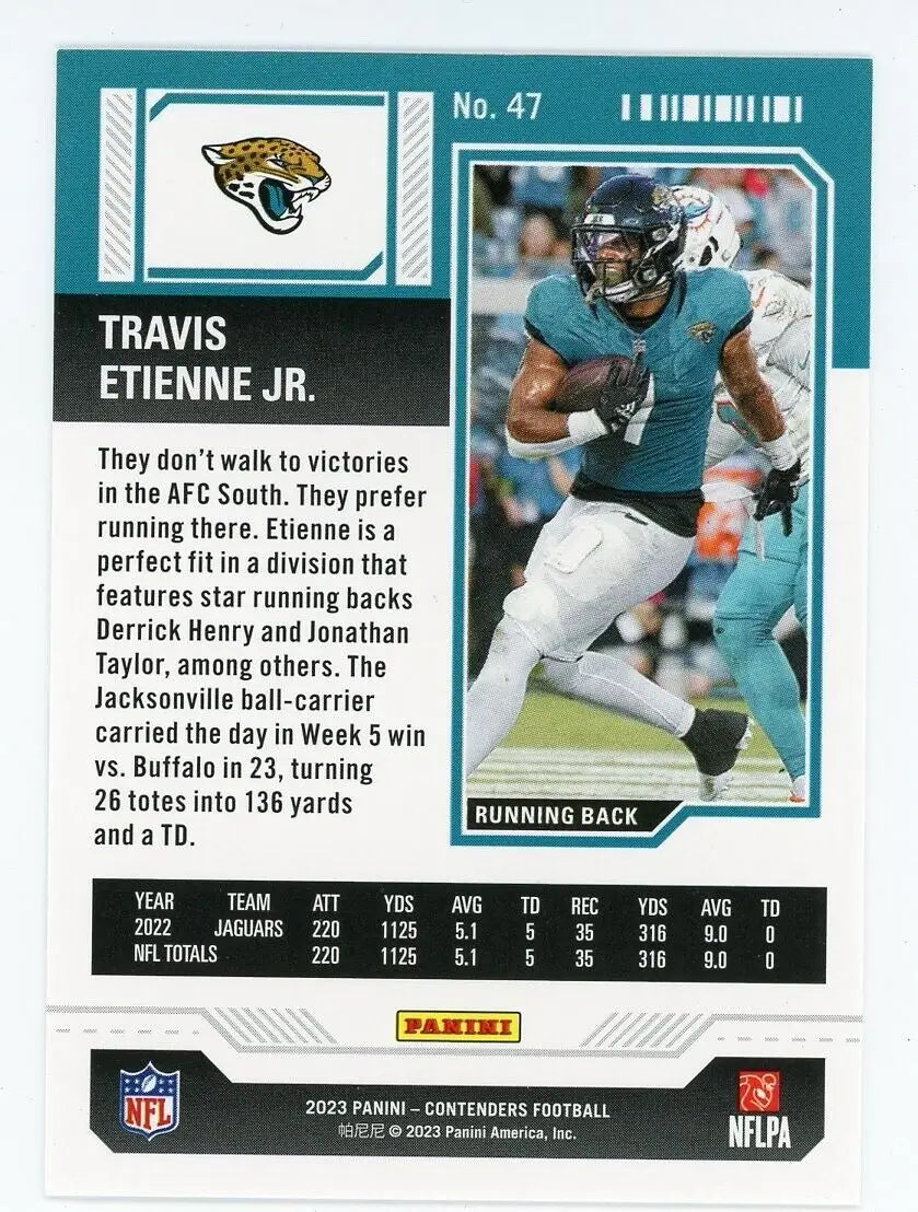 Travis Etienne Jr. football card from 2023 Panini Contenders Game Ticket series