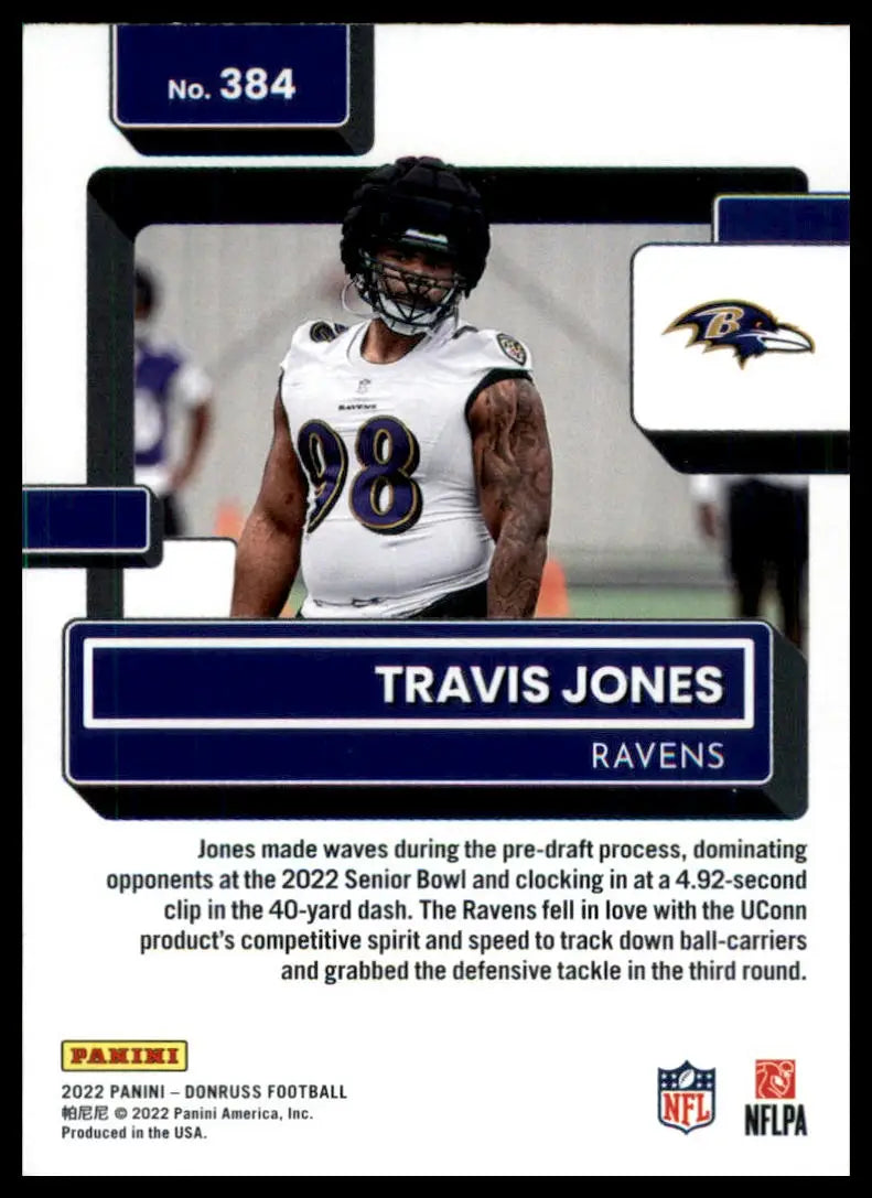 Football card featuring Travis Jones Rookie 2022 Donruss Baltimore Ravens product image