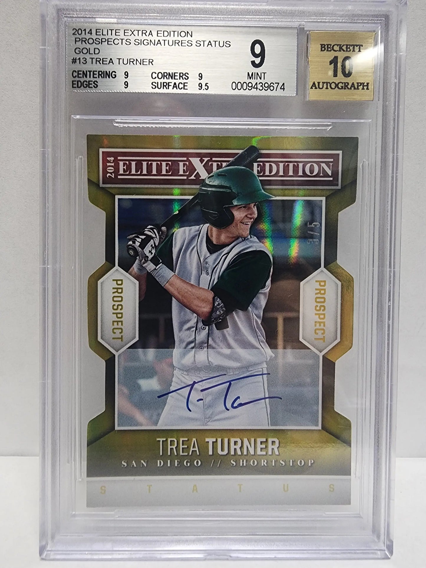 BGS graded 9 Mint Trea Turner Elite Extra Edition Gold Auto baseball card with autograph
