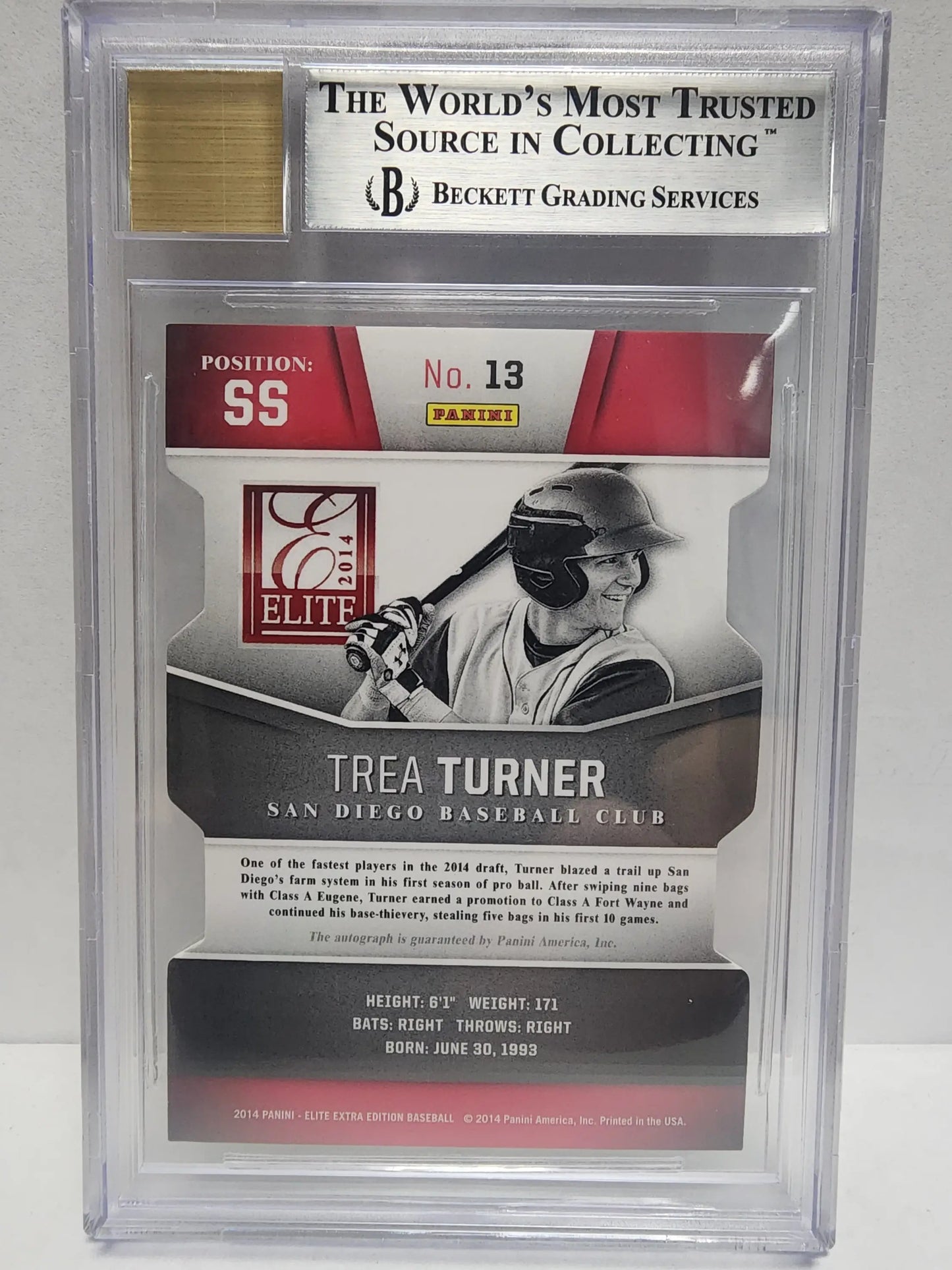 BGS-graded Trea Turner 2014 Elite Extra Edition Gold Auto baseball card with black and white photo