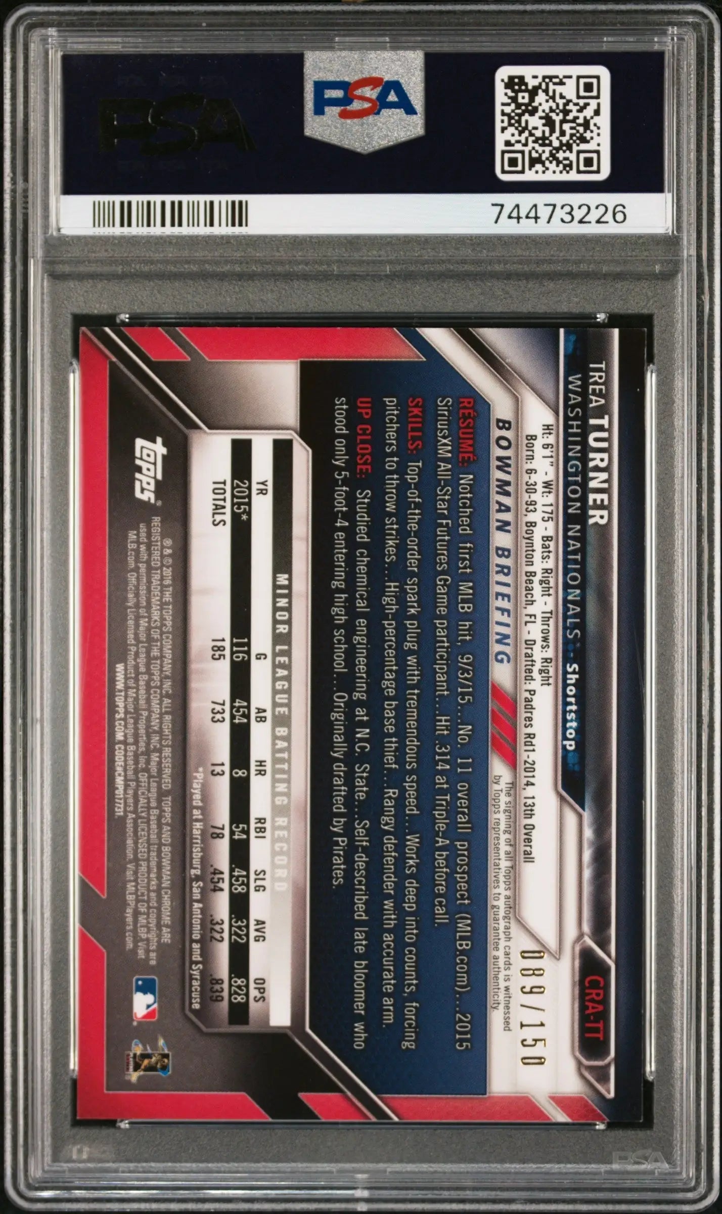 PSA-graded Trea Turner 2016 Bowman Chrome Blue Refactor Rookie Auto card in case