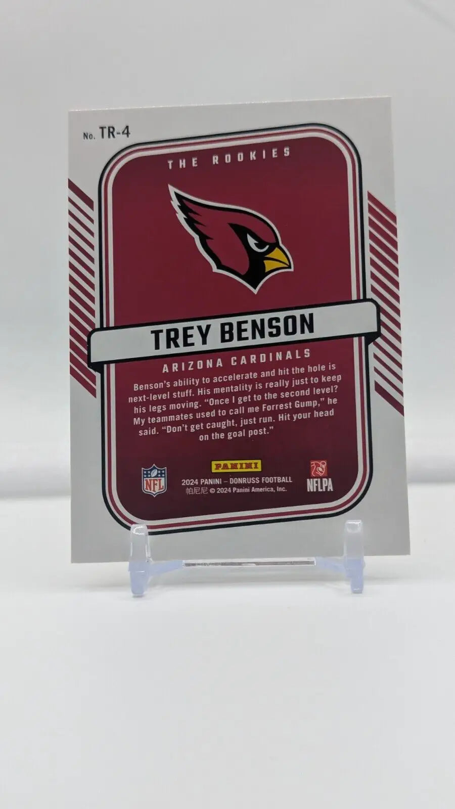 Trey Benson Arizona Cardinals trading card from 2024 Panini Donruss The Rookies series