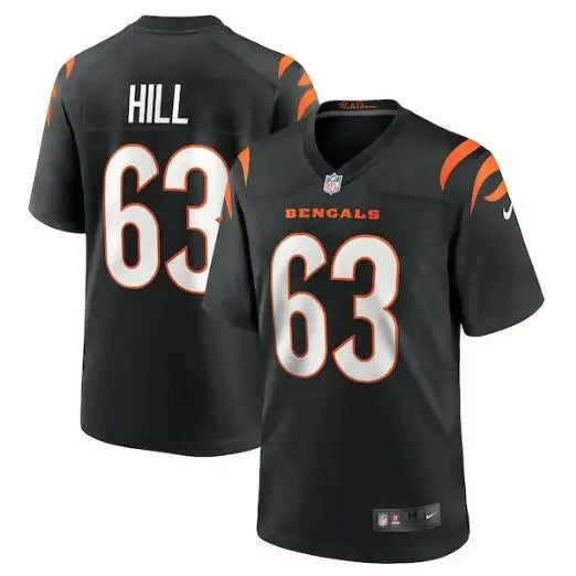 Black Cincinnati Bengals Trey Hill Game Jersey with number 63 and HILL on back