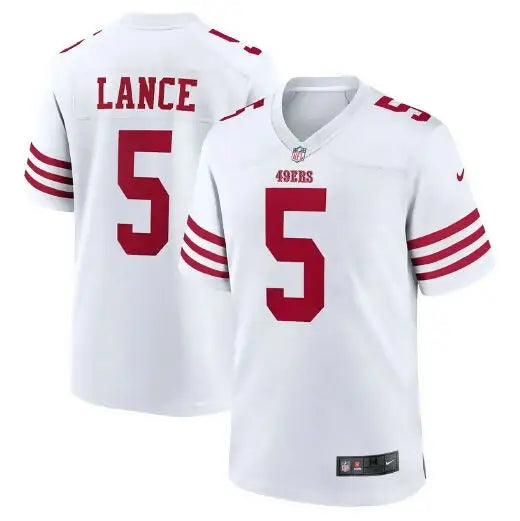 White San Francisco 49ers Trey Lance Nike Game Player Jersey with red numbers and stripes