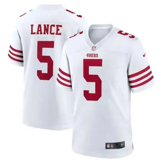 White San Francisco 49ers Trey Lance Nike game jersey with red numbers and lettering