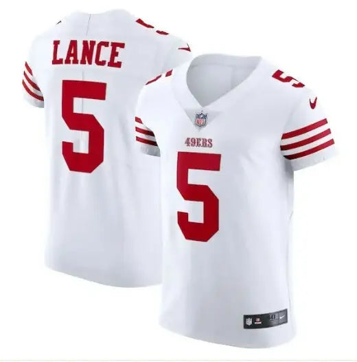 White San Francisco 49ers Trey Lance Nike Vapor Elite football jersey with red stripes and number 5