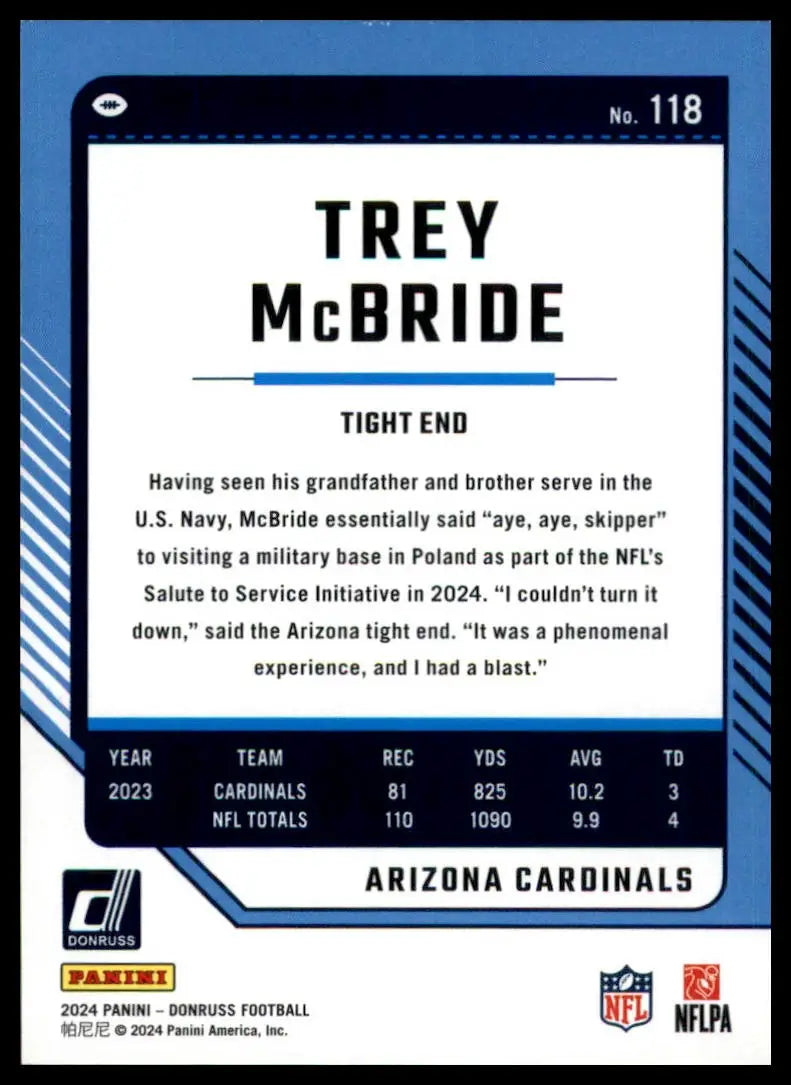 Trey McBride football card from 2024 Donruss Arizona Cardinals series