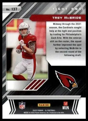 Football trading card of Trey McBride Rookie 2022 Panini XR Arizona Cardinals