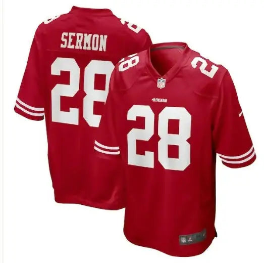 Red San Francisco 49ers Trey Sermon NFL Draft jersey with number 28 on front