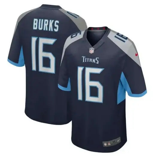 Dark blue Tennessee Titans Treylon Burks Nike Game Jersey with number 16 and grey accents
