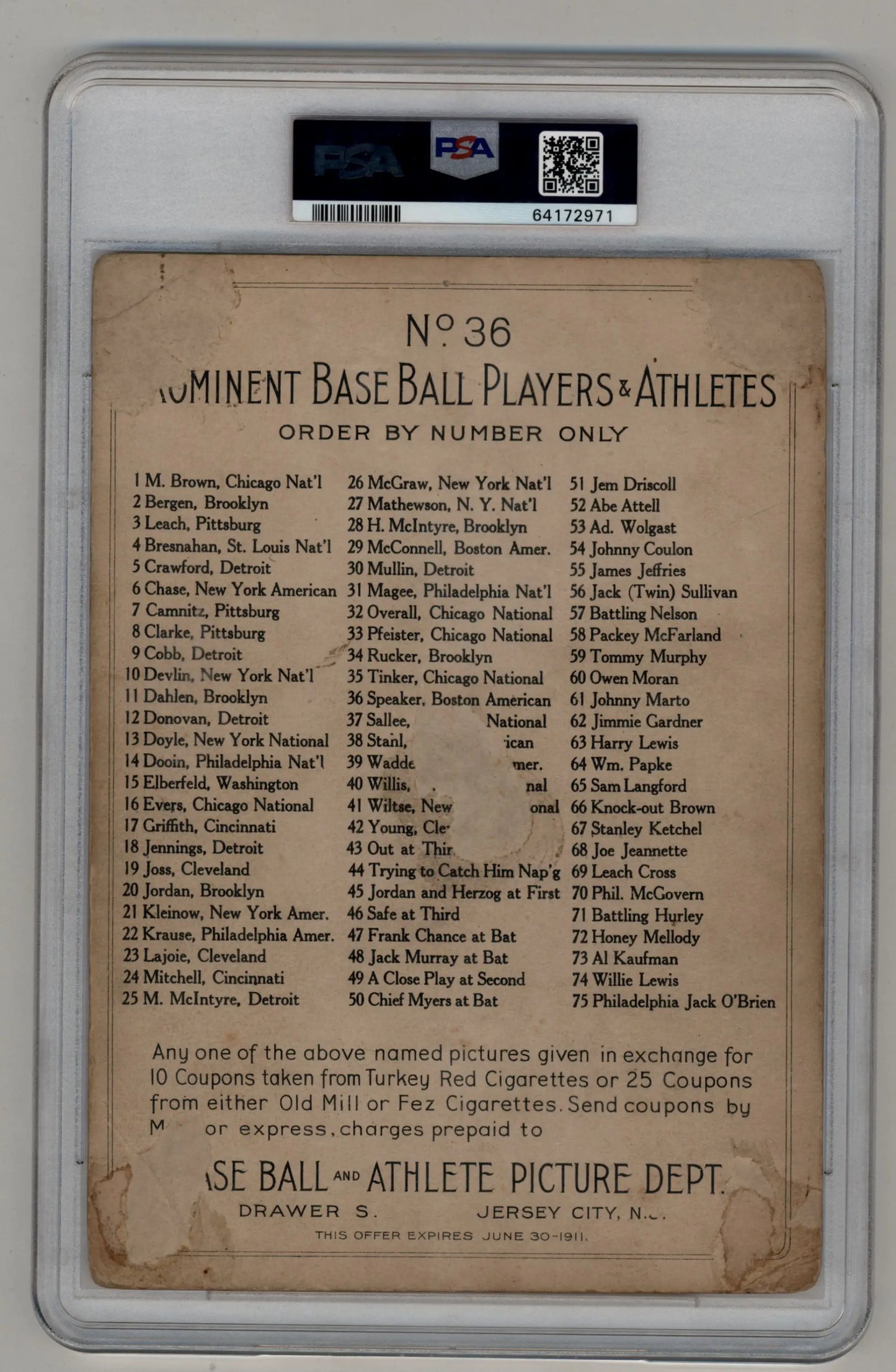 Vintage checklist of prominent baseball players on aged paper for Tris Speaker Turkey Red Trading Cards