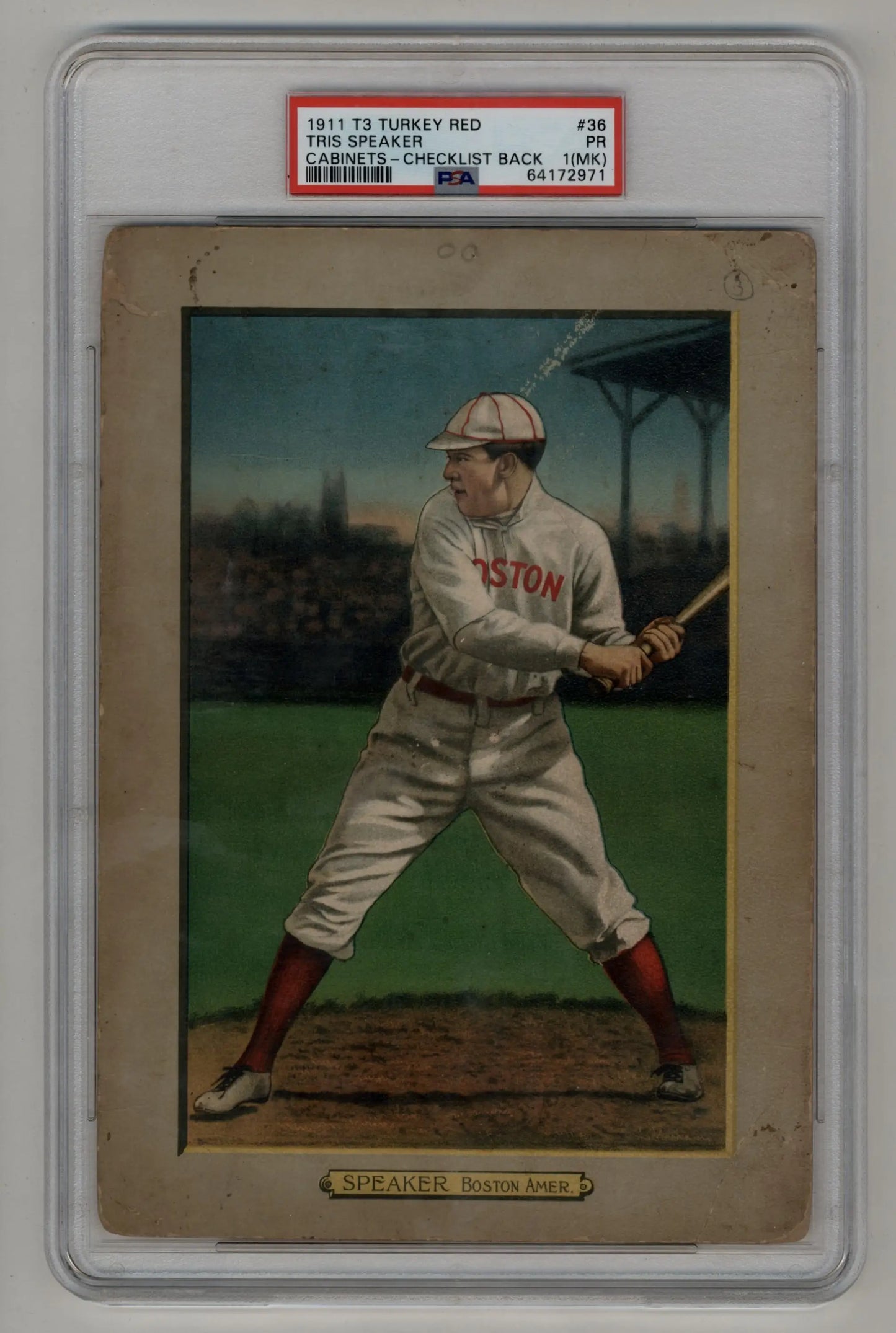 Vintage Tris Speaker 1911 Turkey Red trading card featuring Boston Red Sox player in batting stance