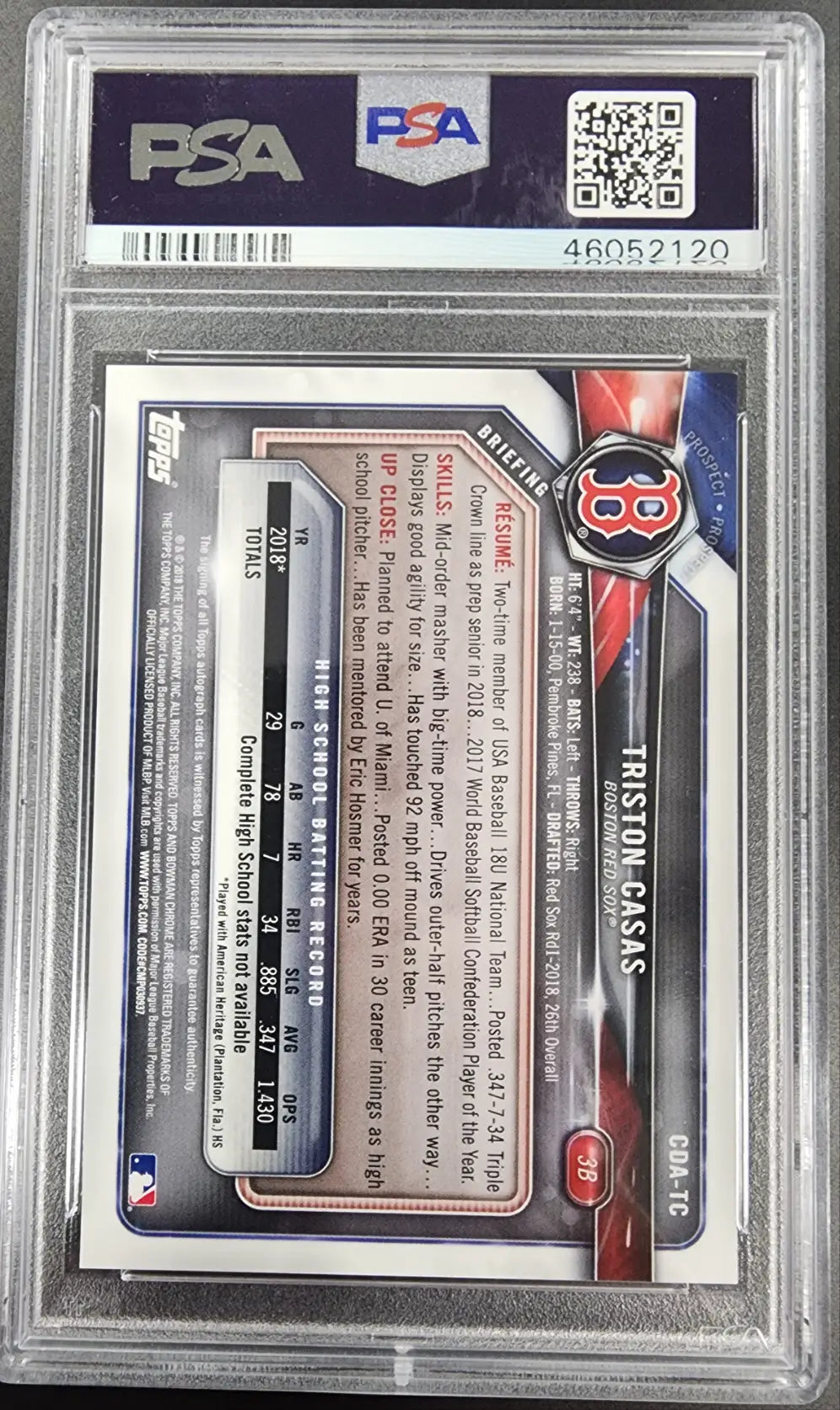 Triston Casas 2018 Bowman Chrome Draft Auto PSA 10 Gem Mint in protective case