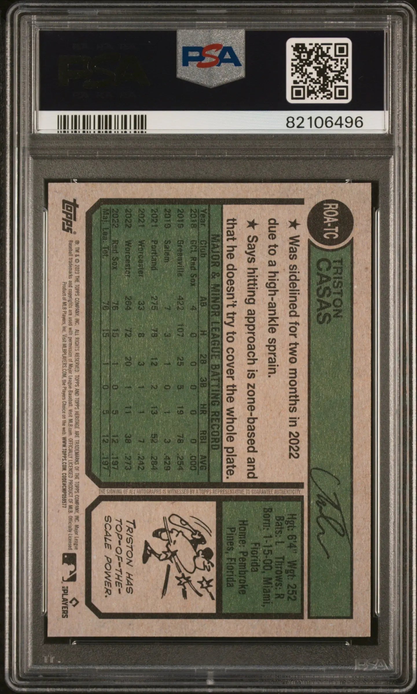 Triston Casas 2023 Topps Heritage Real One Autograph PSA 10 in protective case with QR code