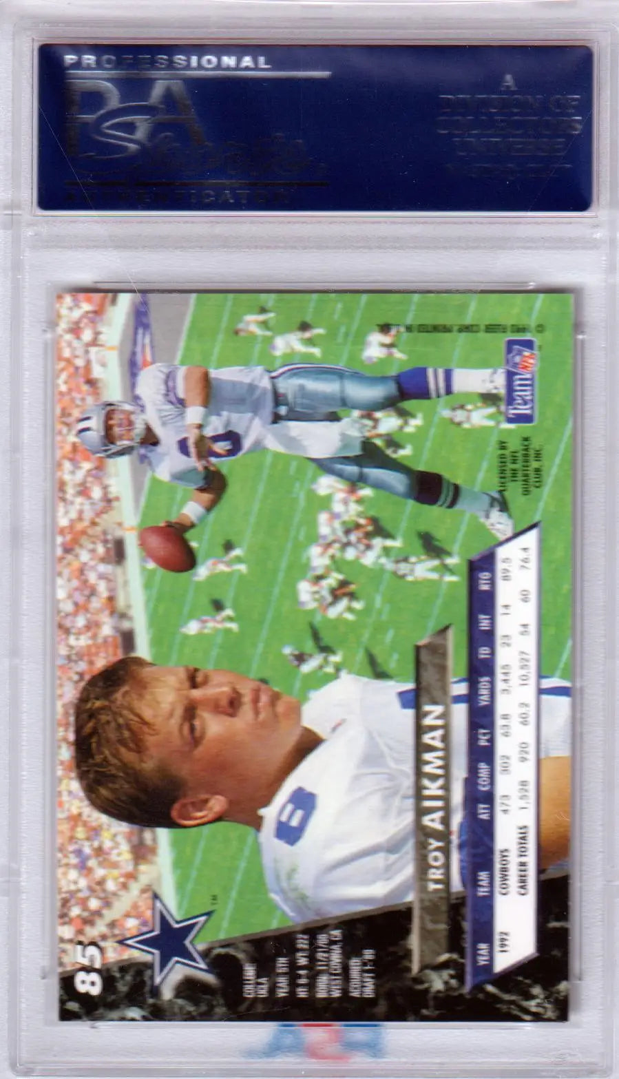 Troy Aikman 1993 Fleer Ultra trading card in PSA 10 case featuring Dallas Cowboys player