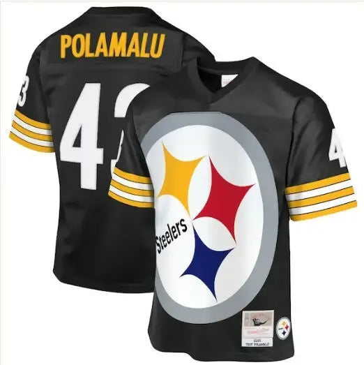 Black Troy Polamalu Pittsburgh Steelers 2005 throwback jersey with yellow and white striped sleeves