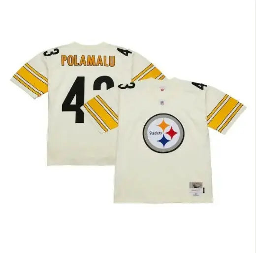White Pittsburgh Steelers Troy Polamalu jersey with yellow and black striped sleeves