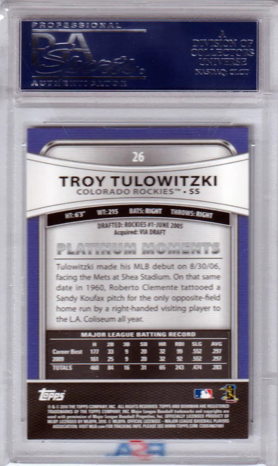 Graded Troy Tulowitzki 2010 Bowman Platinum baseball card PSA 10 GEM MINT Columbia Hobby