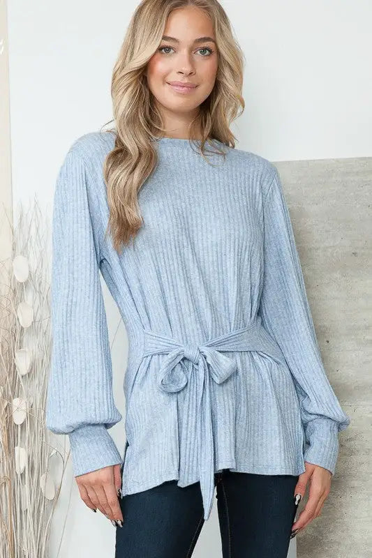 Light blue long-sleeved ribbed top with waist tie from Tunic w/ Waist Tie in 3 Colors USA
