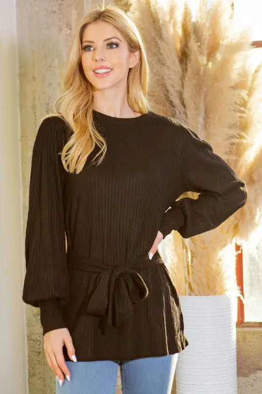 Black ribbed knit long-sleeve tunic with waist tie available in 3 colors in USA