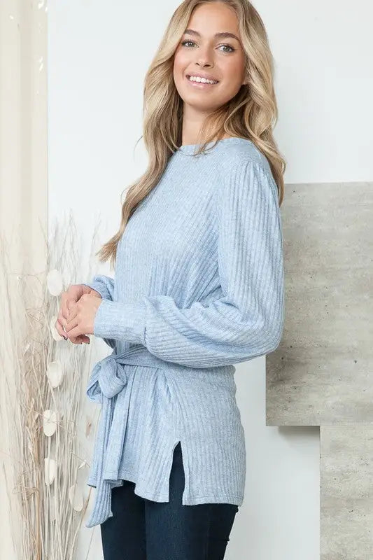 Light blue ribbed knit tunic with waist tie, side slits, available in 3 colors USA