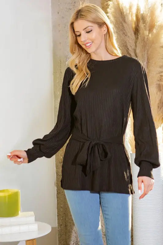 Women’s black ribbed knit long sleeve top with waist tie from Tunic w/ Waist Tie collection