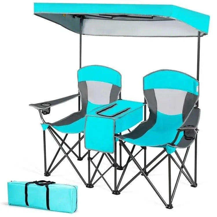 Turquoise Blue 2-Piece Folding Canopy Chair with Cup Holder and Storage Pocket - Patio Chairs