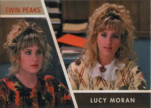 Trading card of Lucy Moran from Twin Peaks featuring two portraits in different outfits
