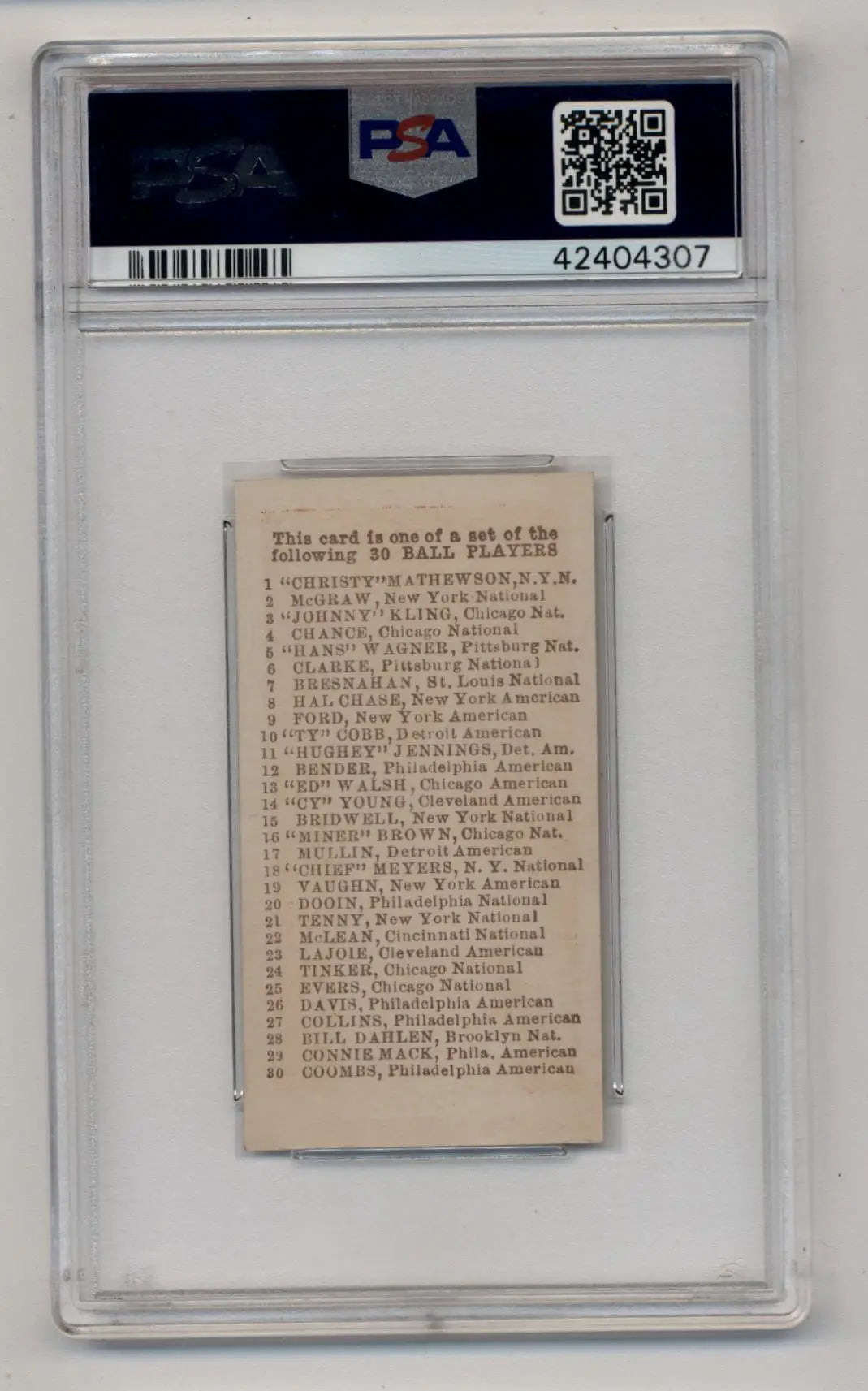 PSA-graded Ty Cobb 1910 E98 Set of 30 Red trading card checklist on yellowed paper