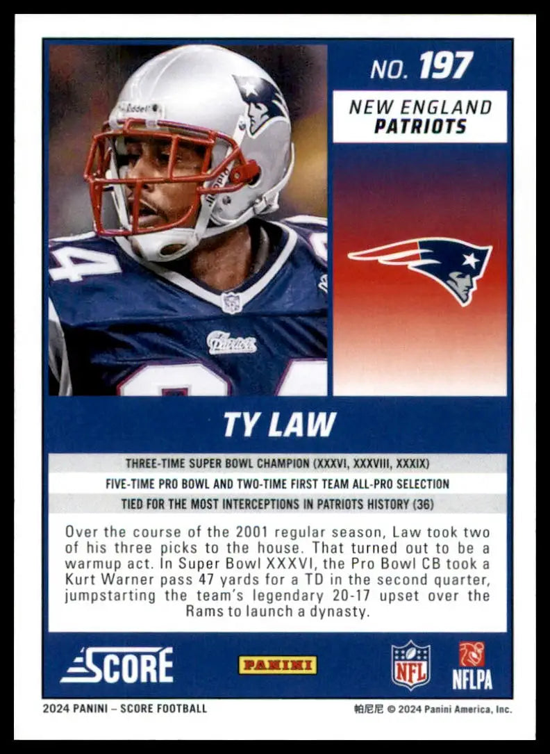 Ty Law football card from 2024 Score series featuring New England Patriots player