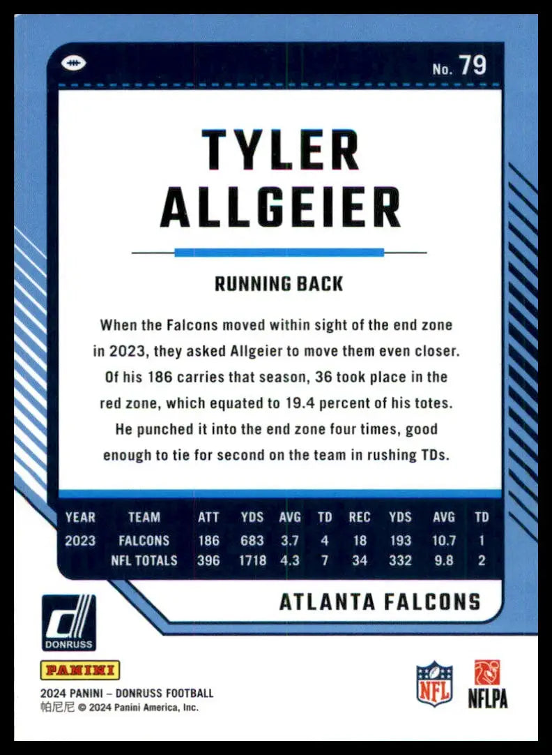 Tyler Allgeier football card from 2024 Donruss Atlanta Falcons product