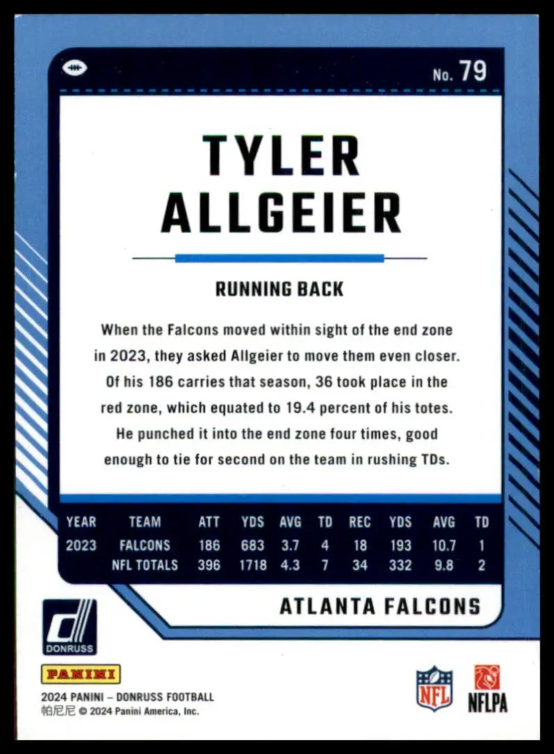 Tyler Allgeier football card from 2024 Donruss Press Proof Blue series featuring Atlanta Falcons