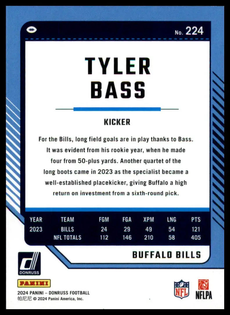Tyler Bass football card from 2024 Donruss series displayed in Buffalo Bills product
