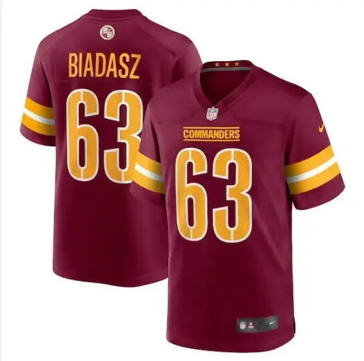 Maroon and gold Washington Commanders Nike Game Jersey with number 63 and Biadasz on back