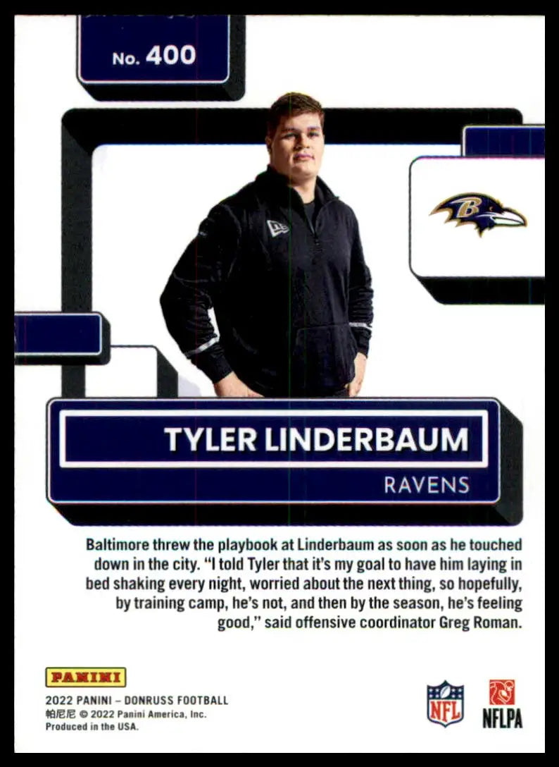 Tyler Linderbaum football card from 2022 Donruss Rookie series for Baltimore Ravens