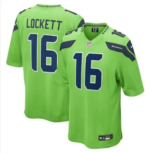 Bright green Seattle Seahawks Nike Game Jersey with number 16 and Lockett on the back
