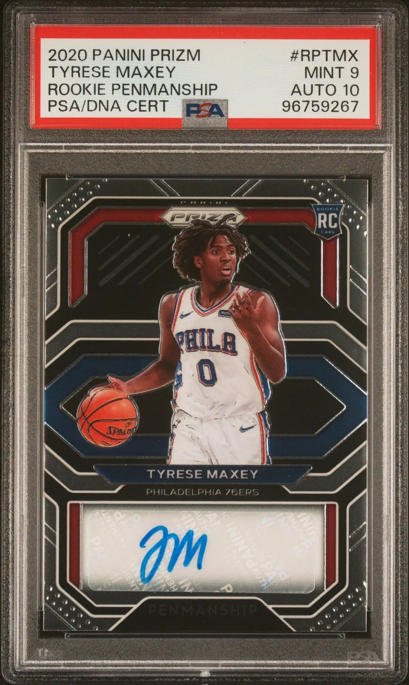 PSA-graded Tyrese Maxey 2020 Panini Prizm Rookie Prenmaship Auto featuring autograph