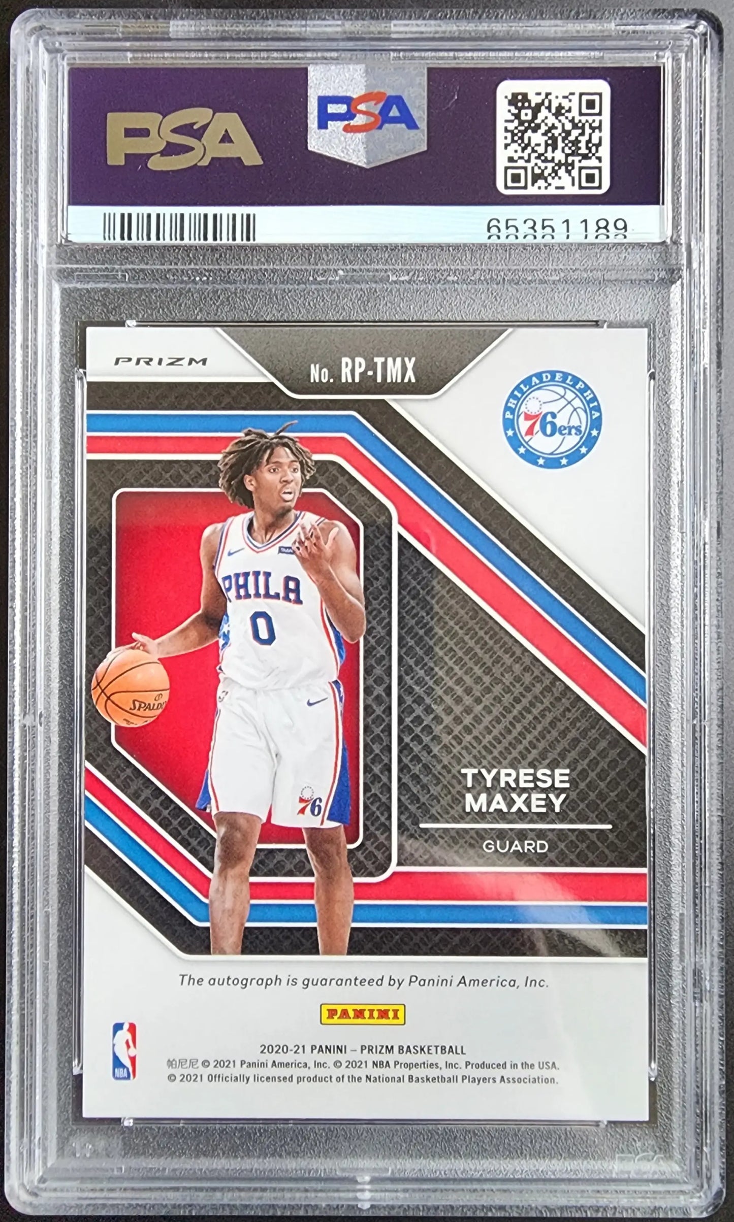 Prizm Rookie Penmanship Tyrese Maxey basketball card PSA 9 Mint featuring autograph