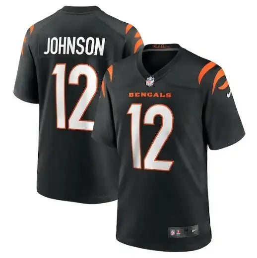Two Cincinnati Bengals black and orange jerseys with number 12, one with JOHNSON on back