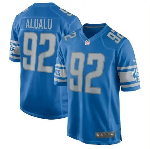 Blue NFL football jersey with number 92 featuring Tyson Alualu Detroit Lions Nike Game Jersey