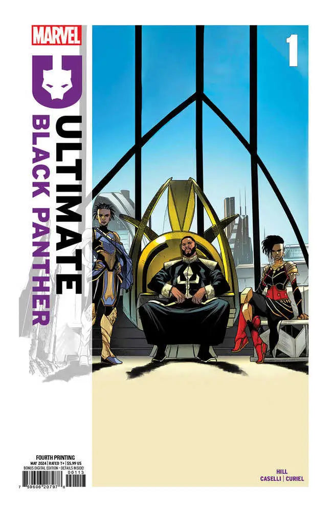 Comic book cover of Ultimate Black Panther featuring a figure on a throne with gold design