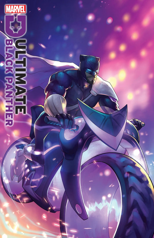 Black Panther on futuristic motorcycle in Ultimate Black Panther Meghan Hetrick Variant comic