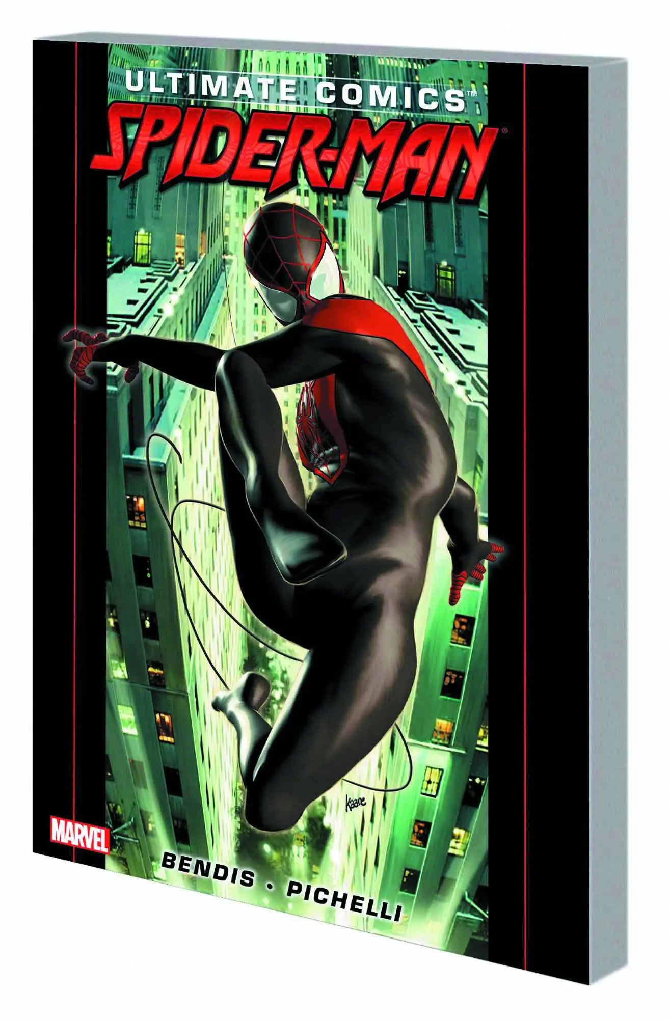 Comic book cover of Ultimate Comics Spider-Man in black costume on green digital backdrop