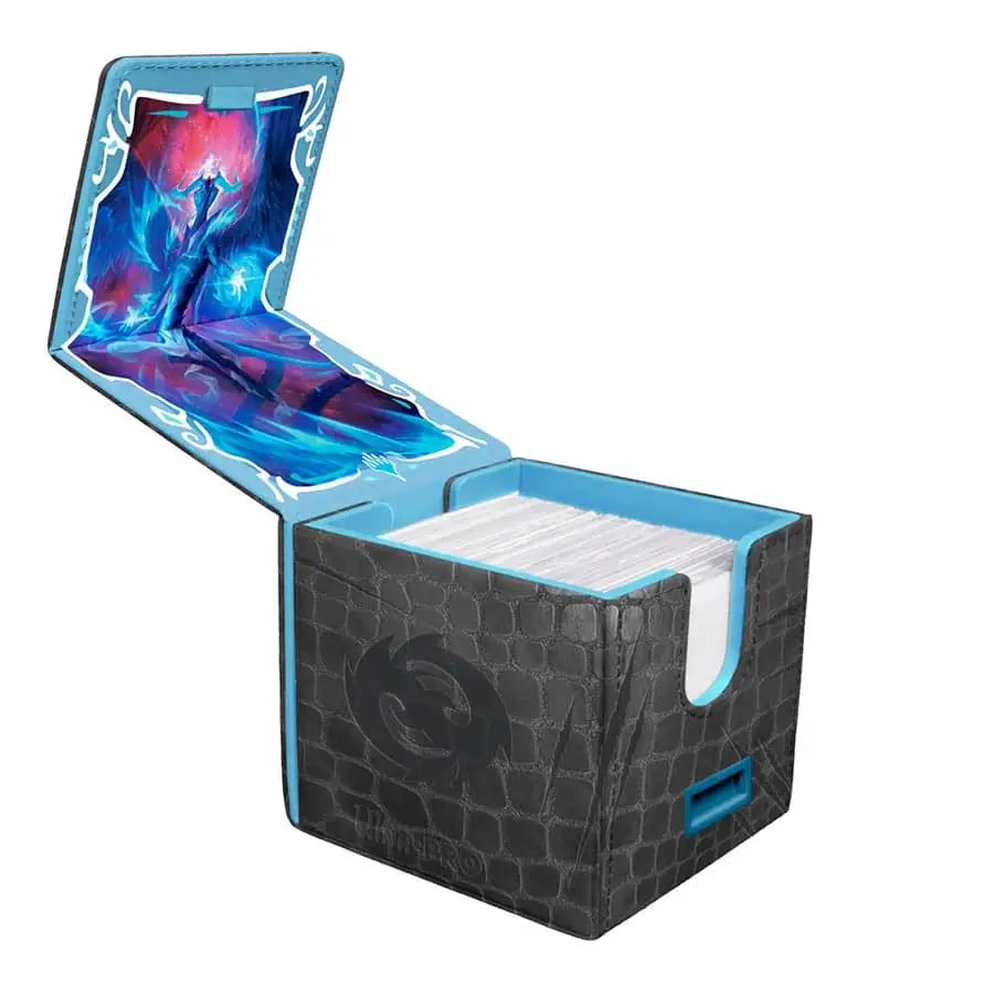 Open black and blue Alcove Edge Deck storage box for cards, featuring Tarkir Dragonstorm design